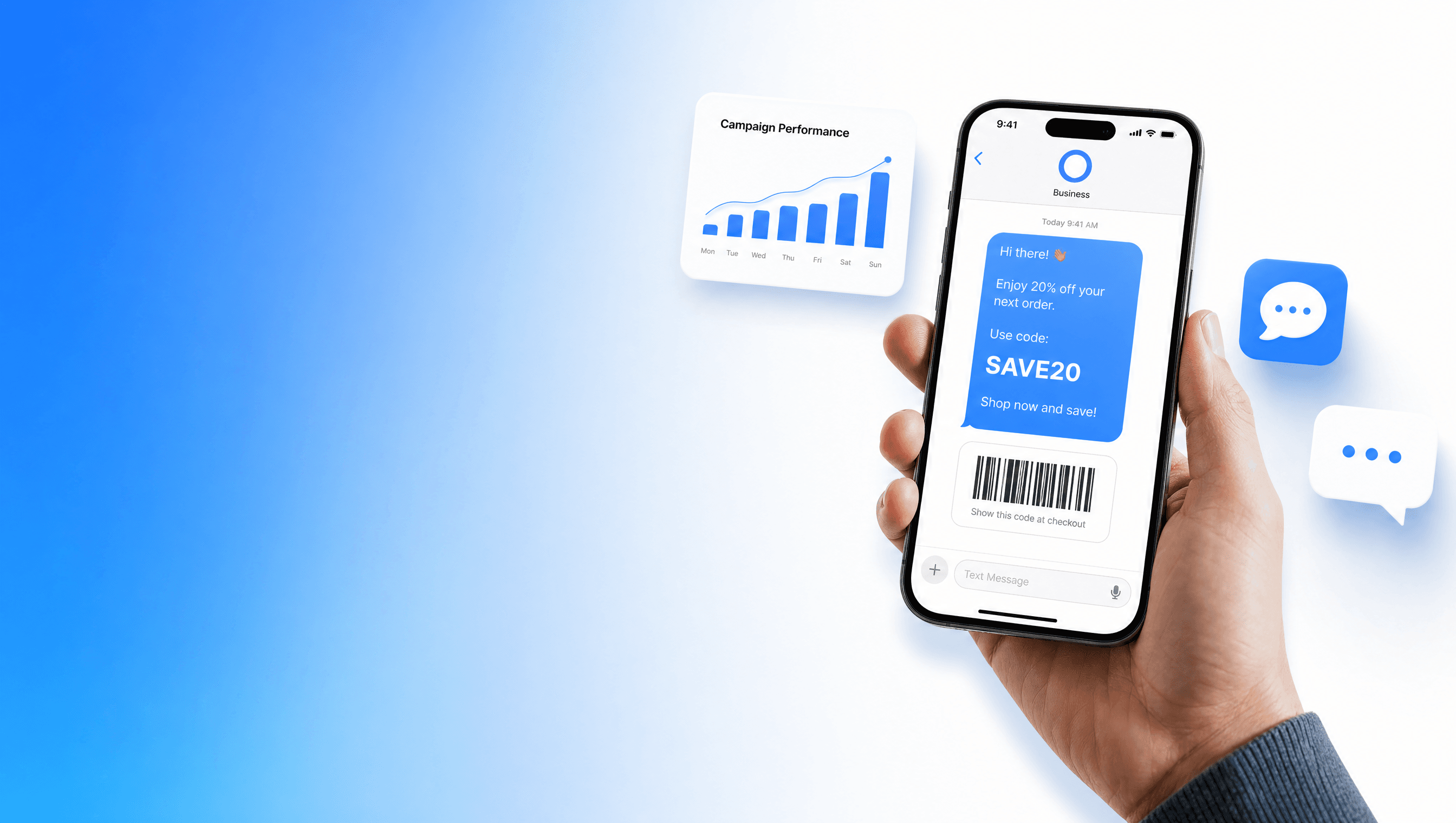 A phone showing a branded promotional text message with a scannable barcode, beside a campaign performance chart